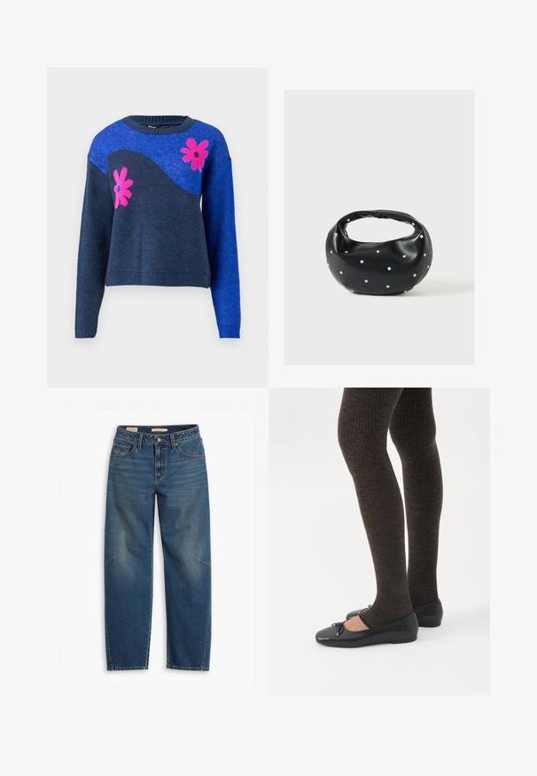 Blå strikket sweater med et marineblåt bølgedesign og pink blomstermønstre. Har en rund halsudskæring samt ribbede manchetter og kant.; Blå denim jeans med en afslappet pasform, der har høj talje, lige ben, synligt syning og en lille detalje på venstre knæ.; Ben iført mørke ribbede leggings kombineret med sorte balletsko med små sløjfedetaljer på hvid baggrund.; Sort læderhåndtaske med en rundet form, dekoreret med sølvnitter, og et kort håndtag. Glat tekstur og lynlåslukning.