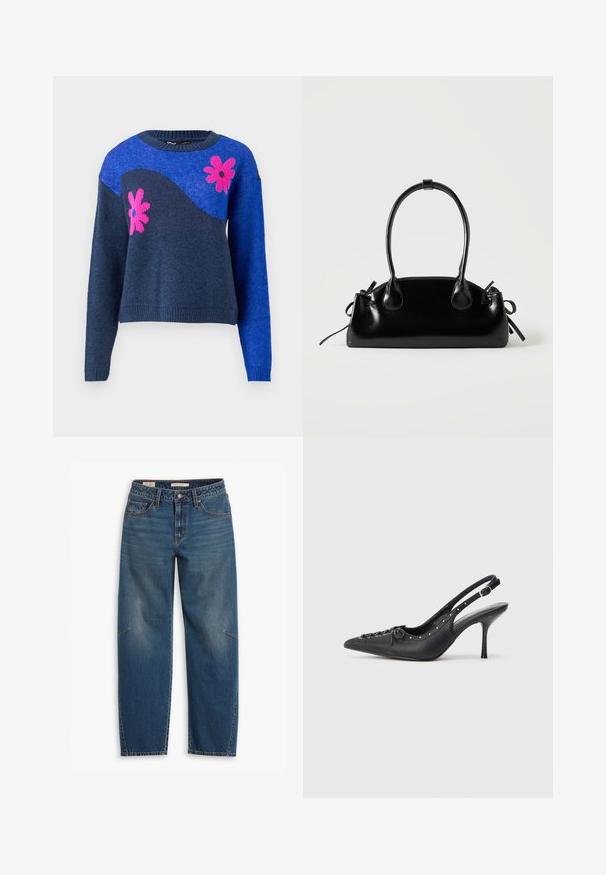 Blå strikket sweater med et marineblåt bølgedesign og pink blomstermønstre. Har en rund halsudskæring samt ribbede manchetter og kant.; Blå denim jeans med en afslappet pasform, der har høj talje, lige ben, synligt syning og en lille detalje på venstre knæ.; Sorte læder slingback stiletto med spids tå, side spændebånd, nitter langs kanten og dekorativ snøring foran.; Lille sort blank håndtaske med to lange håndtag og snøre-detaljer i siden på en ensfarvet lys baggrund.