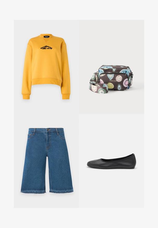 Gelbes Sweatshirt mit langen Ärmeln und Rundhalsausschnitt. Mit einem schwarzen Logo auf der Vorderseite. Hergestellt aus weichem, strukturiertem Stoff. Abgerippter Saum.; Blaue Jeansshorts bis zum Knie mit ausgefransten Säumen, vorderem Knopf und Taschen auf einem schlichten weißen Hintergrund.; Schwarze Leder-Ballettschuhe mit abgerundeter Spitze, glatter Textur, minimalen Nähdetails und einem flexiblen Sohlen-Design.; Umhängetasche mit bunten Ovalmustern auf dunklem Hintergrund, Vordertasche mit Reißverschluss und verstellbarem Riemen, mit dem Schriftzug "STINE GOYA" in goldenen Buchstaben.