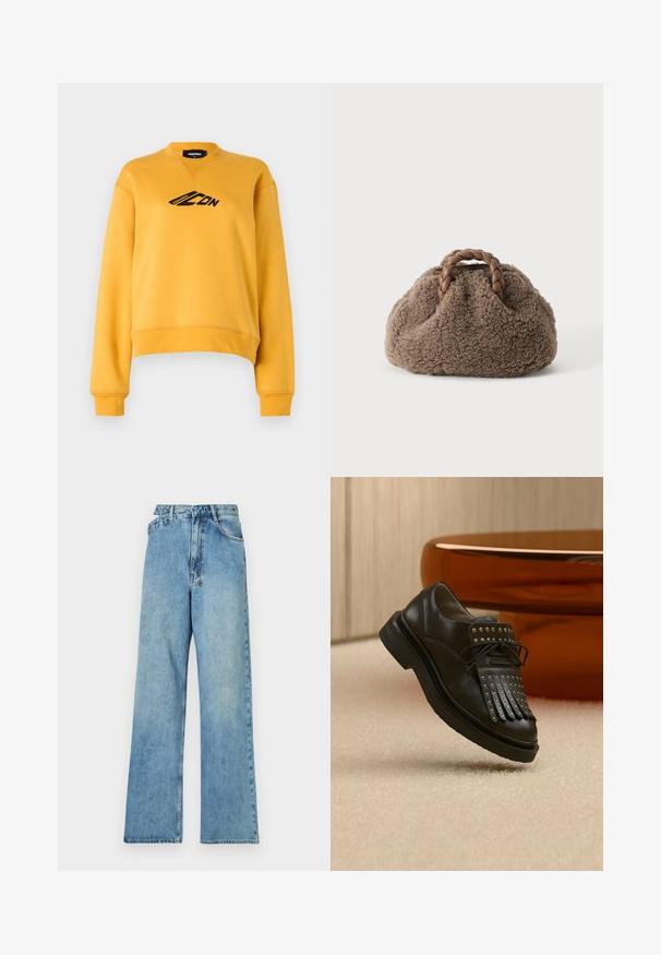 Gul sweatshirt med lange ærmer og rund hals. Har et sort logo på fronten. Fremstillet af blødt, struktureret stof. Beskåret kant.; Lys blå denim brede bukser med mellemhøj talje, fem lommer og knaplukning med metalbeslag samt en bleget finish.; Sort læder snøresko med dekorativ frynse og metalnitter placeret på beige tæppe nær brunt møbel.; Lille brun, fluffy håndtaske med flettede læderhåndtag på en ensfarvet lys baggrund.