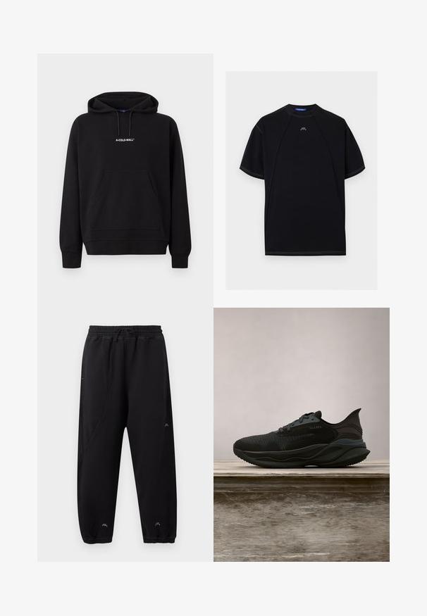 Sort hættetrøje med frontlomme og hvidt "A-COLD-WALL*" logo centreret på brystet.; Sort T-shirt med korte ærmer med kontrastfulde hvide syninger, rund halsudskæring og lille hvid "ACW"-logo centreret nær kraven.; Sorte joggingbukser med elastisk linning og manchetter, slim fit, subtile syningsdetaljer og lille hvidt logo nær anklerne og låret.; Sort atletiksko med tekstureret overdel og snørebåndsdesign, præsenteret over en træoverflade udendørs med grønne planter i baggrunden.