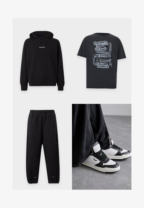 Zwarte hoodie met voorzak en wit "A-COLD-WALL*" logo gecentreerd op de borst.; Zwart T-shirt met korte mouwen en grijze tekst in handgeschreven stijl met zinnen zoals "Romance & Poems," "VIP Only" en "The Kooples."; Zwarte joggingbroek met elastische tailleband en boorden, slim fit, subtiele stiksel-details en klein wit logo bij enkels en dij.; Zwart-witte hoge sneakers met een gestructureerde zwarte vetersluiting, gemaakt van leer en synthetisch materiaal, met een logo aan de zijkant.