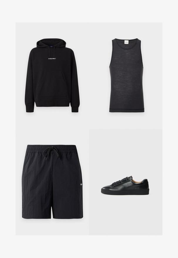 Sweat à capuche noir avec poche ventrale et logo blanc "A-COLD-WALL*" centré sur la poitrine.; Débardeur noir sans manches en matériau léger, avec un col rond et une texture subtile, doté d'un détail d'ourlet contrasté.; Shorts de bain noirs en tissu texturé, avec une taille élastique à cordon de serrage et un petit logo sur le côté.; Baskets en cuir noir avec une texture lisse, bout rond et fermeture à lacets. Comprend une semelle en caoutchouc épaisse et un minimum de détails de marque.