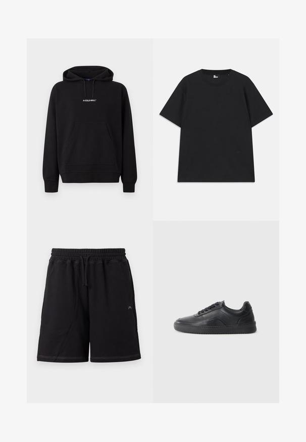 Sweat à capuche noir avec poche ventrale et logo blanc "A-COLD-WALL*" centré sur la poitrine.; T-shirt noir à manches courtes en coton, avec un col rond et un petit logo près de l'ourlet. Texture lisse, coupe régulière.; Shorts noirs longueur genou avec taille élastique, cordon ajustable, poches latérales et surpiqûres contrastantes blanches.; Chaussure de sport en cuir noir avec une finition lisse, bout arrondi, panneau latéral texturé et lacets noirs. Présente une semelle en caoutchouc plate et un design minimaliste.