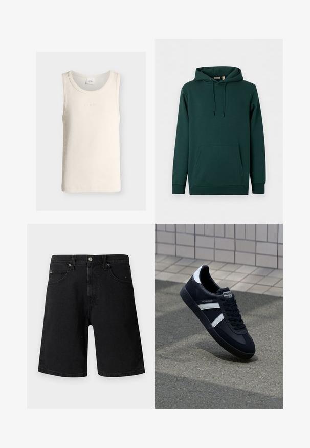 Sweat à capuche vert foncé avec poche avant, capuche à cordon et poignets et ourlet côtelés sur fond blanc uni.; Débardeur crème côtelé sans manches avec col rond et broderie discrète "LES DEUX" sur la poitrine.; Shorts en denim noir avec bouton à l'avant, fermeture éclair, passants pour ceinture et design à cinq poches, présentés sur un fond blanc uni.; Sneaker en cuir noir avec des rayures blanches, semelle en caoutchouc texturée et devant à lacets. Présente une étiquette de marque sur la languette.