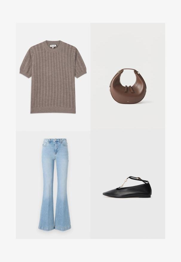 Bruine geribbelde trui met korte mouwen en een ronde halslijn. Gemaakt van textuur gebreide stof, met verticale streeppatronen en aangesloten randen.; Lichtblauwe flare jeans van denim, met een hoge taille, voorzakken en subtiele vervaging met een schone zoom.; Zwarte leren ballerina's met een pointed toe, uitgesneden ontwerp, enkelbandje en gouden kettingaccent. Glad oppervlak, minimale hak.; Bruine, halvemaanvormige leren handtas met een bovenhandvat en dubbele ritssluitingen op een witte achtergrond.