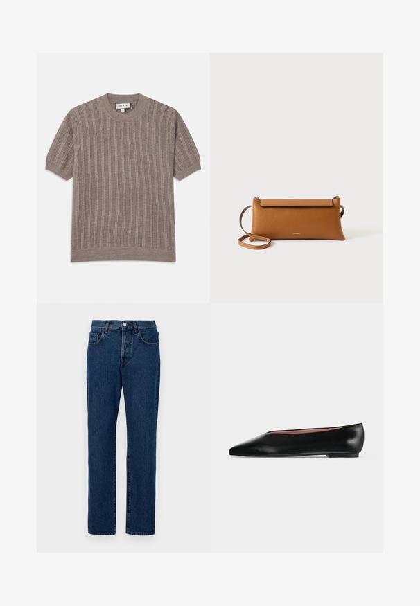 Brun ribbet kortærmet sweater med rund hals. Lavet af tekstureret strikstof, som har lodrette stribemønstre og tætsiddende kanter.; Mørkeblå denimjeans med klassisk lige benudskæring, fem lommer og synlig syning. Stoffet har en let struktur.; Sort damesko i læder med flad hæl og spids tå, vist fra siden på en ensfarvet lys grå baggrund.; Brun læder clutch taske, rektangulær form, tekstureret overflade, aftagelig rem, lynlås lukning, diskret logo præget på forsiden.
