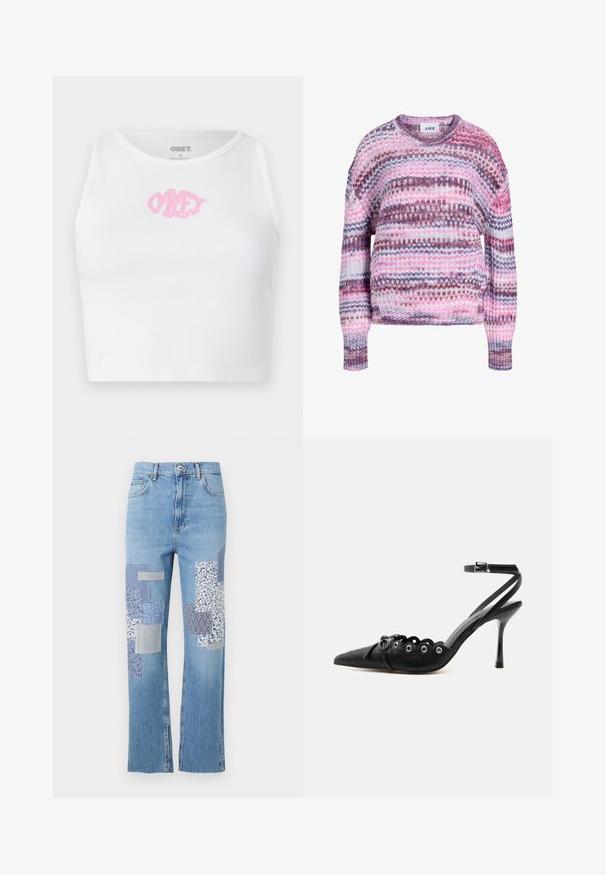 Chunky striktrøje med lyserøde, lilla, hvide og brune vandrette striber samt ribstrikket rund halsudskæring og manchetter.; Hvid ribbet crop top med et pink "OBEY" logo i midten. Designet med en rund halsudskæring og uden ærmer.; Lyst blå denim jeans med en bred ben-design, der har forskellige mønstrede stoflapper i blå og hvide nuancer foran.; Sort spids hæl med bølgede kanter, metaløjer, snørelukning foran og ankelrem med spænde.