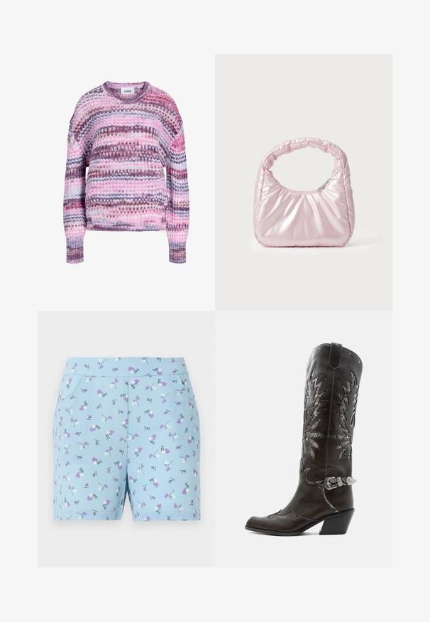 Dikke gebreide trui met roze, paarse, witte en bruine horizontale strepen en geribbelde ronde hals en boorden.; Blauwe shorts van zachte stof, met een bloemenpatroon met witte en paarse bloemen, en zijzakken. Ontworpen voor comfort en stijl.; Zwarte leren cowboylaars met decoratieve uitsnijdingen, zilveren gesp en schuine hak, weergegeven op een witte achtergrond.; Roze, gevoerde handtas met een afgeronde vorm, gemaakt van glanzend materiaal. Beschikt over een geplooide handgreep en een ritssluiting voor veilige toegang.