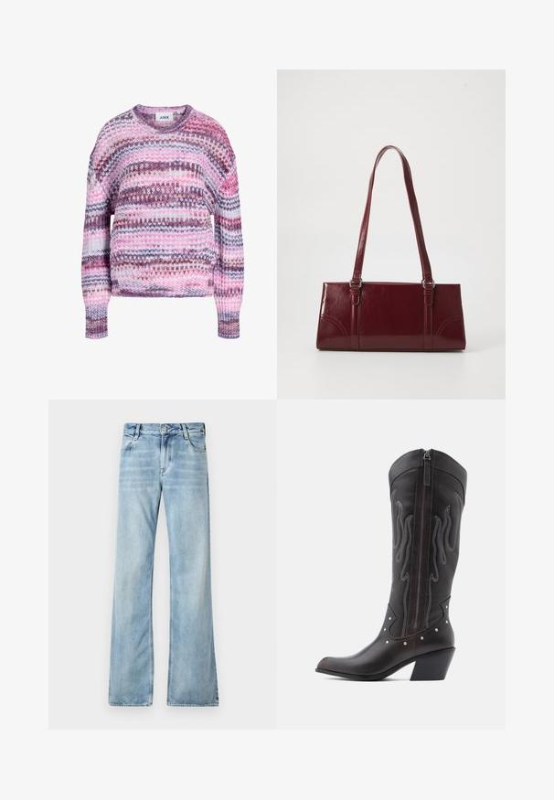 Dikke gebreide trui met roze, paarse, witte en bruine horizontale strepen en geribbelde ronde hals en boorden.; Lichtblauwe flared jeans van denim, met een vijf-pocket ontwerp, knoopsluiting en subtiele vervaging voor een versleten effect.; Bruine leren cowboylaarzen met vlamstiksels, zijrits, zilveren studs, spits toelopende neus en gestapelde hak.; Bourgondische handtas van glanzend materiaal, rechthoekige vorm, met twee schouderbanden en subtiele gebogen accenten aan de voorkant.