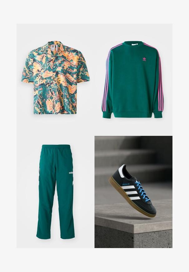 Grøn sweatshirt med lange ærmer, rund hals, pink tre-stribede detaljer på skuldrene og lille pink logo på brystet. Blødt stof.; Kortærmet skjorte i et livligt tropisk mønster med grønt, orange og gult. Klassisk krave med knaplukning foran og en afslappet pasform.; Grønne træningsbukser lavet af letvægtsstof, med elastisk talje, sidelommer og hvidt Adidas-logo på venstre side.; Sort Adidas sneaker med hvide striber, blå snørebånd og gummisål, der svæver over gråt betontrin i blødt lys.
