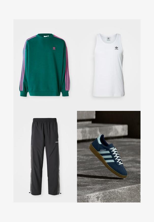 Grüner Sweatshirt mit langen Ärmeln, Rundhalsausschnitt, rosa drei Streifen Akzenten an den Schultern und kleinem rosa Logo auf der Brust. Weiche Stoffstruktur.; Weißes geripptes Tanktop mit Rundhalsausschnitt, schwarzem Adidas-Logo auf der linken Brust und ohne Ärmel. Weiches Baumwollmaterial, lässige Passform.; Schwarze Sporthose aus leichtem Material, mit weißen Seitenstreifen, einem elastischen Bund und verstellbaren Knöchelbündchen.; Blauer Adidas Spezial Sneaker mit weißen Streifen und Schnürsenkeln, Gummisohle, schwebend über rauer Betonoberfläche und Treppen im Hintergrund.