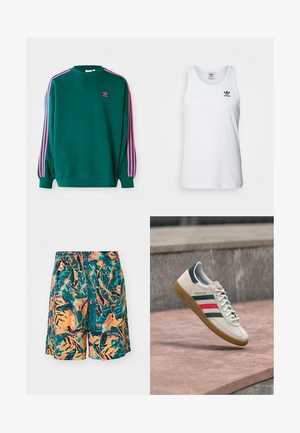 Groene sweatshirt met lange mouwen, ronde hals, roze drievoudige strepen accenten op de schouders en een klein roze logo op de borst. Zachte stoftextuur.; Witte geribde tanktop met ronde hals, zwarte Adidas-logo op de linkerborst en zonder mouwen. Zachte katoenen stof, casual pasvorm.; Zwemshorts met een oranje, teal en zwart junglebladpatroon, gemaakt van lichte stof met een elastische tailleband voor comfort.; Witte Adidas sneaker met groene en rode strepen, rubberen zool en "SPEZIAL" branding die boven een stenen bestrating zweeft.