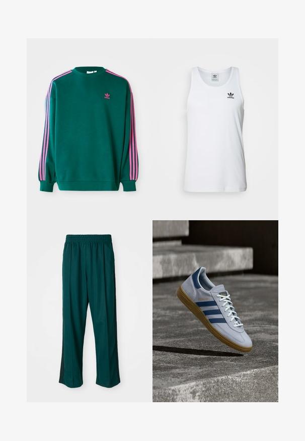 Sudadera verde con mangas largas, cuello redondo, acentos en tres franjas rosas en los hombros y pequeño logo rosa en el pecho. Textura de tela suave.; Top sin mangas blanco con canalé y escote redondo, logo negro de Adidas en el lado izquierdo del pecho. Material de algodón suave, corte casual.; Pantalones deportivos de color verde oscuro con cintura elástica, diseño de pierna recta y franjas laterales negras. Fabricados en tejido suave y elástico.; Zapatilla Adidas Spezial azul claro con rayas azul marino y suela de goma, mostrada en el aire sobre escalones de hormigón en un entorno exterior neutral.