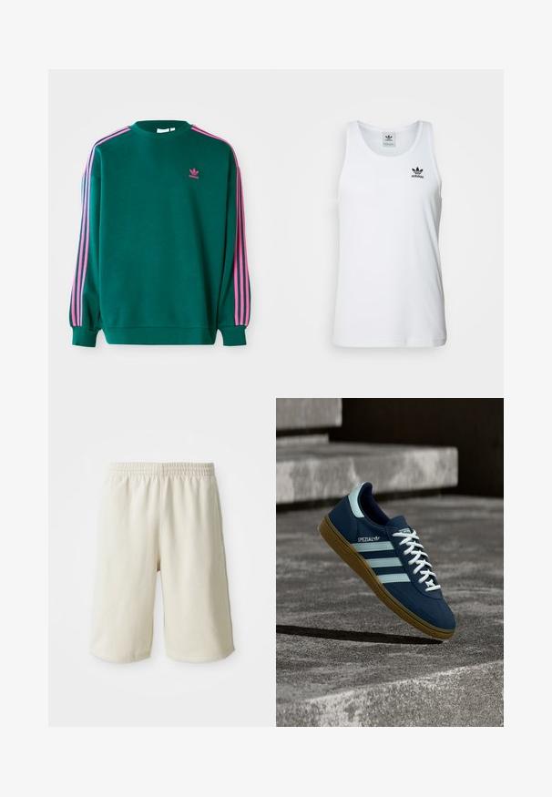 Sudadera verde con mangas largas, cuello redondo, acentos en tres franjas rosas en los hombros y pequeño logo rosa en el pecho. Textura de tela suave.; Top sin mangas blanco con canalé y escote redondo, logo negro de Adidas en el lado izquierdo del pecho. Material de algodón suave, corte casual.; Pantalones cortos deportivos de color beige claro con una cintura elástica, textura suave y un sutil detalle del logo en la parte inferior izquierda. Sin bolsillos.; Zapatilla azul Adidas Spezial con rayas y cordones blancos, suela de goma, flotando sobre una superficie de hormigón rugosa y escaleras de fondo.