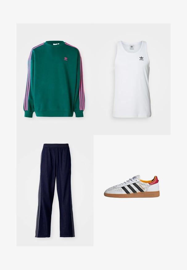 Sweat-shirt vert avec des manches longues, col rond, accents roses à trois bandes sur les épaules, et petit logo rose sur la poitrine. Texture de tissu douce.; Débardeur blanc à côtes avec col rond, logo Adidas noir sur la poitrine gauche, sans manches. Matière en coton doux, coupe décontractée.; Pantalon de sport bleu marine avec une taille élastique, comportant trois bandes latérales blanches et une coupe droite. Texture en denim doux.; Baskets Adidas Spezial blanches avec bandes noires, semelle en gomme, motif matelassé, languette talon rouge et doublure intérieure jaune, vue latérale.
