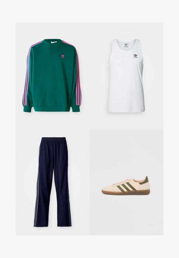 Grüner Sweatshirt mit langen Ärmeln, Rundhalsausschnitt, rosa drei Streifen Akzenten an den Schultern und kleinem rosa Logo auf der Brust. Weiche Stoffstruktur.; Weißes geripptes Tanktop mit Rundhalsausschnitt, schwarzem Adidas-Logo auf der linken Brust und ohne Ärmel. Weiches Baumwollmaterial, lässige Passform.; Marineblaue Sporthosen mit einem elastischen Bund, ausgestattet mit drei weißen seitlichen Streifen und einem geraden Bein. Weicher Denim-Look.; Flacher, beigefarbener Adidas Spezial Sneaker mit grünen Streifen, Gummisohle und "SPEZIAL" Schriftzug an der Seite, von der Außenseite gezeigt.