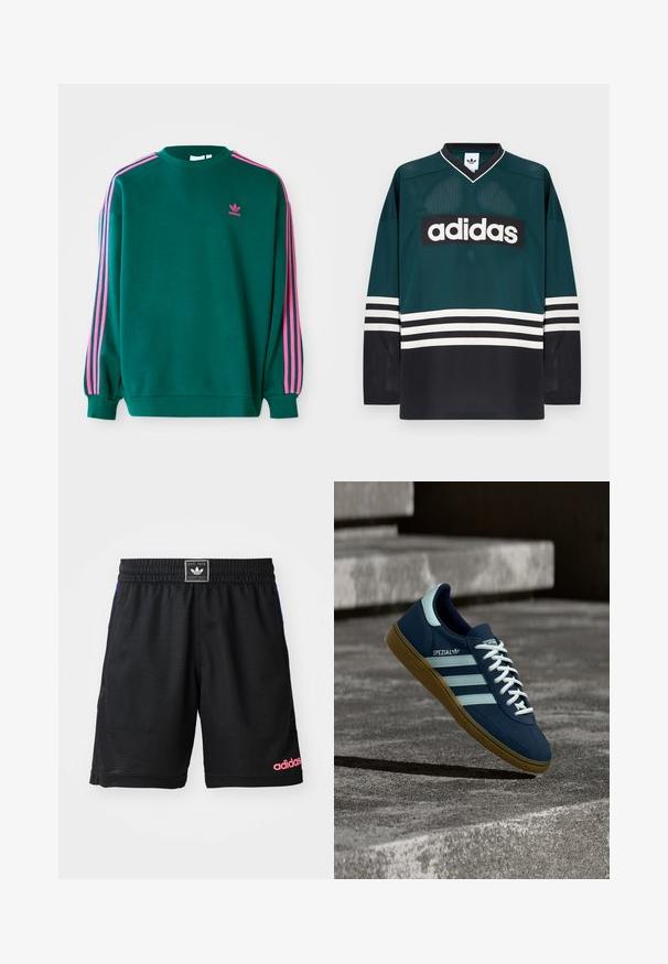 Groene sweatshirt met lange mouwen, ronde hals, roze drievoudige strepen accenten op de schouders en een klein roze logo op de borst. Zachte stoftextuur.; Groen-zwart Adidas-shirt met een V-hals, lange mouwen, een mesh textuur en een opvallend wit logo over de borst met gestreepte accenten.; Zwarte sportshorts gemaakt van gestructureerde, ademende stof. Heeft een elastische tailleband en een roze "adidas" logo aan de onderkant aan de rechterzijde.; Blauwe Adidas Spezial sneaker met witte strepen en veters, gumzool, zwevend boven een ruwe betonnen oppervlakte en trappen op de achtergrond.