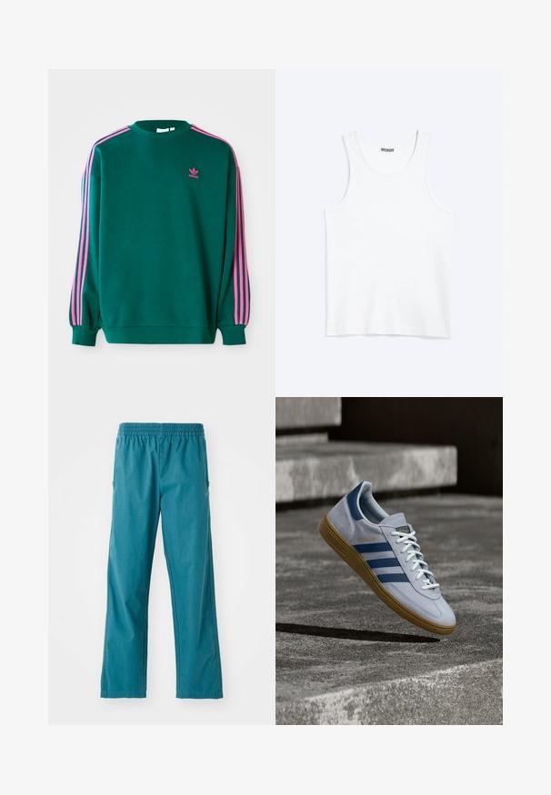 Grüner Sweatshirt mit langen Ärmeln, Rundhalsausschnitt, rosa drei Streifen Akzenten an den Schultern und kleinem rosa Logo auf der Brust. Weiche Stoffstruktur.; Weißes ärmelloses Tanktop mit rundem Ausschnitt und Weekday-Markenetikett auf der Innenseite des hinteren Kragens, flach auf hellem Hintergrund dargestellt.; Türkisfarbene Hose aus leichtem Stoff, mit elastischem Bund und geradem Schnitt sowie Seitentaschen.; Hellblauer Adidas Spezial Sneaker mit dunkelblauen Streifen und Gummisohle, in der Luft über Betontreppen in neutralem Außenbereich gezeigt.
