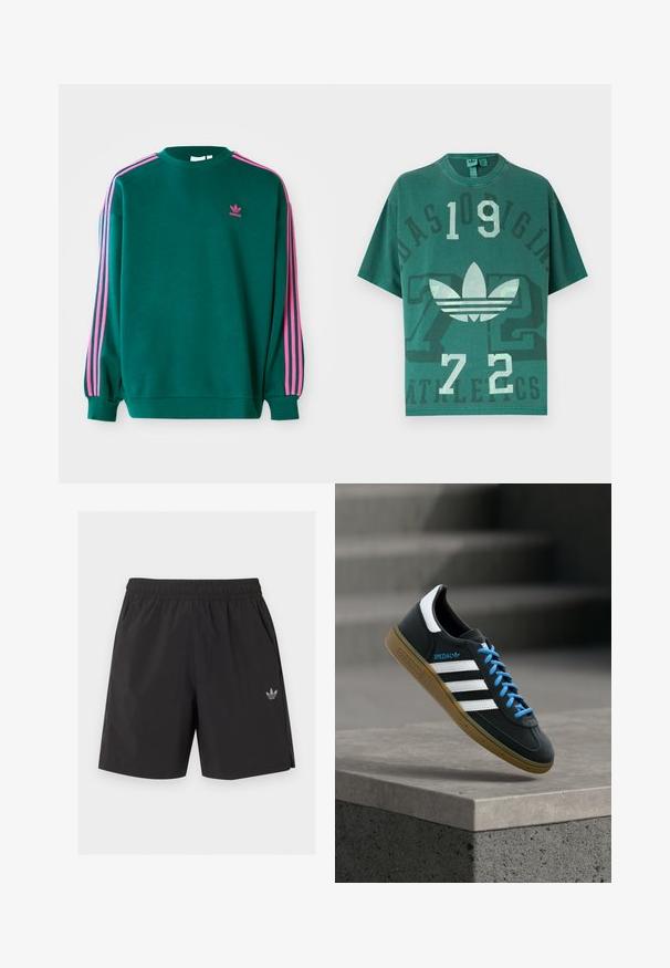 Sweat-shirt vert avec des manches longues, col rond, accents roses à trois bandes sur les épaules, et petit logo rose sur la poitrine. Texture de tissu douce.; T-shirt vert surdimensionné avec le logo Adidas, grands chiffres "109" et "72", et texte délavé "Adidas Originals Athletics" à l'avant.; Short de sport noir à taille élastique avec poches latérales et petit logo Adidas sur la jambe gauche.; Baskets Adidas noires avec des rayures blanches, des lacets bleus et une semelle en gomme flottant au-dessus d'une marche en béton grise sous une lumière douce.