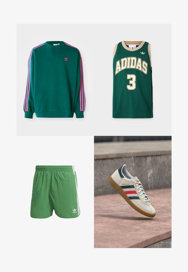 Grüner Sweatshirt mit langen Ärmeln, Rundhalsausschnitt, rosa drei Streifen Akzenten an den Schultern und kleinem rosa Logo auf der Brust. Weiche Stoffstruktur.; Grünes ärmelloses Adidas-Basketballtrikot mit beiger Einfassung, Adidas-Logo und der Nummer 3 auf der Vorderseite.; Grüne Sportshorts aus leichtem Material, mit weißen Seitenstreifen und einem Adidas-Logo am linken Saum. Elastischer Bund.; Weißer Adidas Sneaker mit grünen und roten Streifen, Gummisohle und "SPEZIAL"-Branding, der über einem Steinpflaster schwebt.