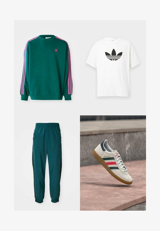 Grüner Sweatshirt mit langen Ärmeln, Rundhalsausschnitt, rosa drei Streifen Akzenten an den Schultern und kleinem rosa Logo auf der Brust. Weiche Stoffstruktur.; Weißes Baumwoll-T-Shirt mit großem schwarzem Adidas Trefoil-Logo und drei horizontalen Streifen darunter. Kurze Ärmel, Rundhalsausschnitt.; Türkise Sporthose mit einem Kordelzugbund, elastischen Bündchen und seitlichen schwarzen Streifen. Hergestellt aus leichtem Stoff und mit einem Logo in der Nähe der Hüfte.; Weißer Adidas Sneaker mit grünen und roten Streifen, Gummisohle und "SPEZIAL"-Branding, der über einem Steinpflaster schwebt.