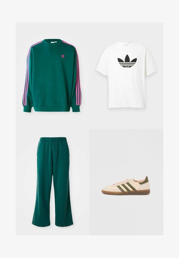 Sudadera verde con mangas largas, cuello redondo, acentos en tres franjas rosas en los hombros y pequeño logo rosa en el pecho. Textura de tela suave.; Camiseta de algodón blanca con un gran logo de trébol negro de Adidas y tres franjas horizontales debajo. Manga corta, cuello redondo.; Pantalones de chándal verdes de pierna ancha con una textura suave, que cuentan con una cinturilla elástica y bolsillos laterales. Tejido duradero con un corte relajado.; Zapatilla Adidas Spezial beige de perfil bajo con rayas verdes, suela de goma y la marca "SPEZIAL" en el lateral, vista desde el lado exterior.