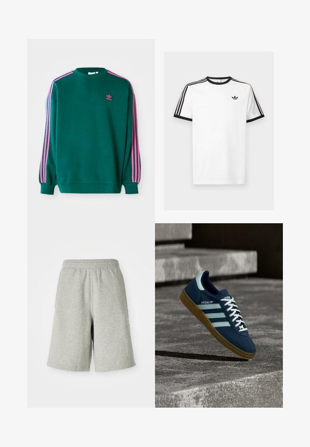 Grøn sweatshirt med lange ærmer, rund hals, pink tre-stribede detaljer på skuldrene og lille pink logo på brystet. Blødt stof.; Hvid bomulds t-shirt med sort ribkant ved hals og ærmer, med tre sorte striber på hver skulder og et lille logo på brystet.; Grå bomuldsshorts med elastisk talje, knælængde design og diskret logo detalje på siden. Blød tekstur med en afslappet, sportiv pasform.; Blå Adidas Spezial sneaker med hvide striber og snørebånd, gummisål, svævende over en ru betongoverflade og trin i baggrunden.