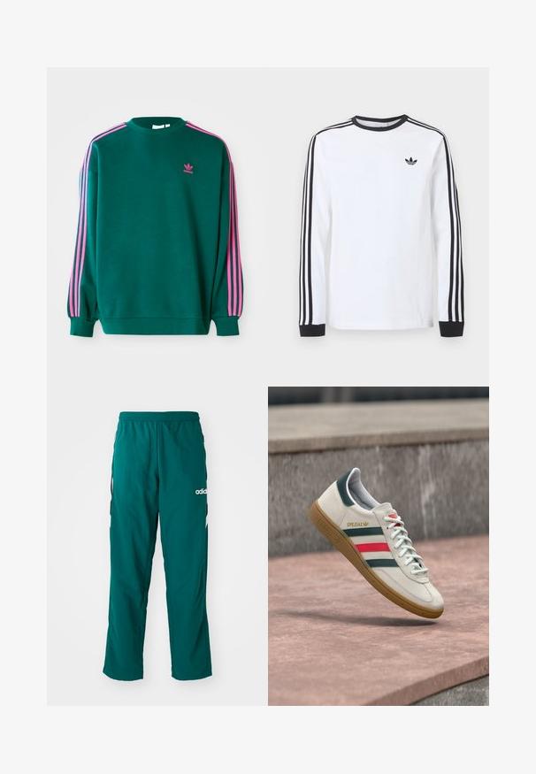 Groene sweatshirt met lange mouwen, ronde hals, roze drievoudige strepen accenten op de schouders en een klein roze logo op de borst. Zachte stoftextuur.; Wit Adidas shirt met lange mouwen, zwarte ronde hals, zwarte boordjes, drie zwarte strepen langs de mouwen en een zwart trefoil-logo op de borst.; Groene sportbroek gemaakt van lichtgewicht stof, met een elastische tailleband, zijzakken en een wit Adidas-logo aan de linkerzijde.; Witte Adidas sneaker met groene en rode strepen, rubberen zool en "SPEZIAL" branding die boven een stenen bestrating zweeft.