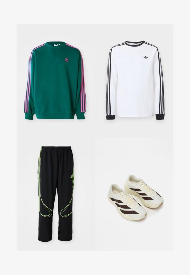 Roheline dressipluus pikade varrukatega, ümar kaelus, roosa kolme triibu aktsendid õlgadel ja väike roosa logo rinnal. Pehme kanga tekstuur.; Valge pika varrukaga Adidas särk musta ümarkaeluse, mustade varrukaäärte ning kolme musta triibuga varrukatel ja musta kolmelehelogo rinnal.; Mustad mustad Adidas spordipüksid, millel on neoonrohelised kumerad jooned ja kolm triipu külgedel, elastne vöökoht ja Adidas logo ees reie peal.; Kerge kreemjas värvitoonis jooksutossud tumedate pruunide diagonaalribadega, tekstureeritud võrkkattega ülisoe ja pehmendustega tallaga. Omaduseks on kollane "ADIZERO" bränding.