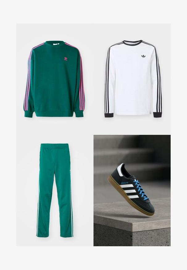 Groene sweatshirt met lange mouwen, ronde hals, roze drievoudige strepen accenten op de schouders en een klein roze logo op de borst. Zachte stoftextuur.; Wit Adidas shirt met lange mouwen, zwarte ronde hals, zwarte boordjes, drie zwarte strepen langs de mouwen en een zwart trefoil-logo op de borst.; Groene trainingsbroek met een gladde textuur, voorzien van een witte zijstreep en een elastische tailleband. Rechtonder ontwerp.; Zwarte Adidas-sneaker met witte strepen, blauwe veters en een gumzool die boven een grijze betonnen trede zweeft in zacht licht.