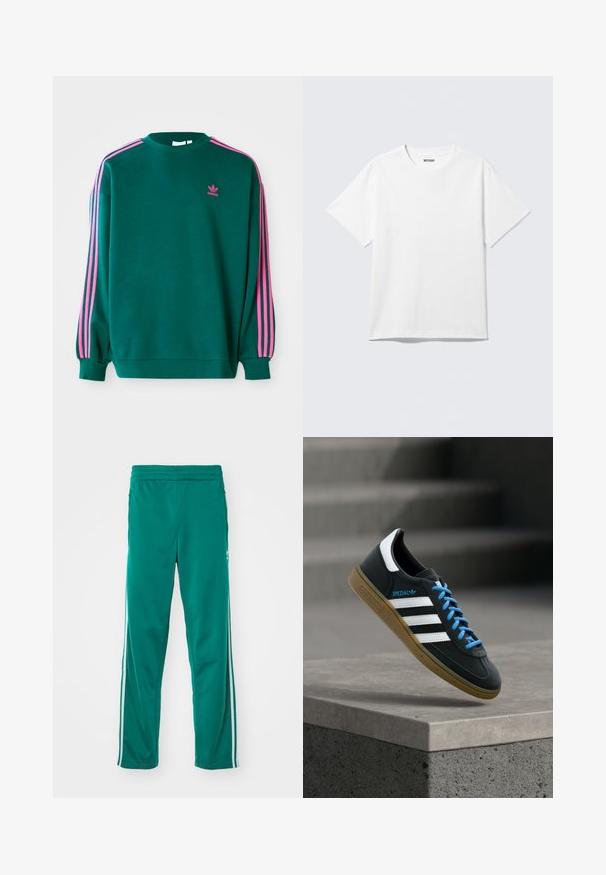 Πράσινο sweatshirt με μακριά μανίκια, στρογγυλή λαιμόκοψη, ροζ τρεις-γραμμές λεπτομέρειες στους ώμους και μικρό ροζ λογότυπο στο στήθος. Μαλακή υφή υφάσματος.; Λευκό κοντομάνικο T-shirt με στρογγυλή λαιμόκοψη, απλή σχεδίαση, τοποθετημένο οριζόντια, με ετικέτα «WEEKDAY» μέσα στο γιακά σε ανοιχτό φόντο.; Πράσινα παντελόνια φόρμας με λεία υφή, που διαθέτουν λευκή λωρίδα στο πλάι και ελαστική μέση. Σχεδίαση με ίσια πόδια.; Μαύρο αθλητικό παπούτσι Adidas με λευκές ρίγες, μπλε κορδόνια και καουτσούκ σόλα να αιωρείται πάνω από γκρίζο τσιμεντένιο σκαλοπάτι σε απαλό φως.