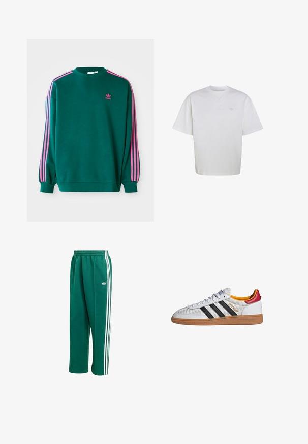 Grøn sweatshirt med lange ærmer, rund hals, pink tre-stribede detaljer på skuldrene og lille pink logo på brystet. Blødt stof.; Hvid t-shirt med korte ærmer og rund halsudskæring med diskrete ribstrikkede skulderstriber og en lille, lysegrå Adidas-logo på venstre bryst.; Grønne sweatpants lavet af bomuldsblanding, med hvide sidelægger og et lille hvidt logo på det øverste venstre ben. Elastisk talje.; Hvid Adidas Spezial sneaker med sorte striber, gummisål, quiltet mønster, rød hælflap og gul inderfor, set fra siden.