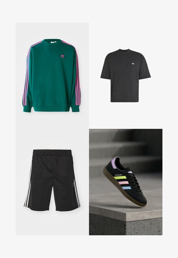Grøn sweatshirt med lange ærmer, rund hals, pink tre-stribede detaljer på skuldrene og lille pink logo på brystet. Blødt stof.; Mørkegrå T-shirt med korte ærmer og rund hals med lille hvid Adidas-logo på venstre bryst.; Sorte sportsshorts med elastisk talje, med hvide sidestriber og en glat stofstruktur. Ingen yderligere dekorationer.; Sort Adidas Spezial sneaker med pastelgule, pink og blå striber, lavendel hælstrop og brun sål, svævende over betonforkant.