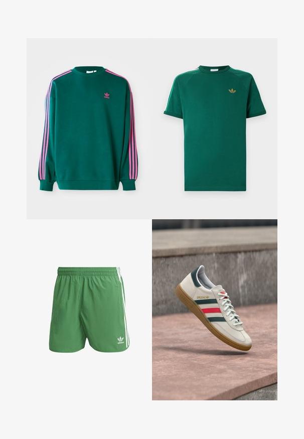 Sweat-shirt vert avec des manches longues, col rond, accents roses à trois bandes sur les épaules, et petit logo rose sur la poitrine. Texture de tissu douce.; T-shirt Adidas vert à manches courtes avec col rond, logo trèfle doré sur la poitrine et bandes blanches bordées de vert le long des épaules.; Shorts de sport verts en matériau léger, avec des rayures blanches sur les côtés et un logo Adidas sur l'ourlet gauche. Taille élastique.; Baskets blanches Adidas avec des rayures vertes et rouges, semelle en gomme, et marquage "SPEZIAL", flottant au-dessus d'un pavement en pierre.
