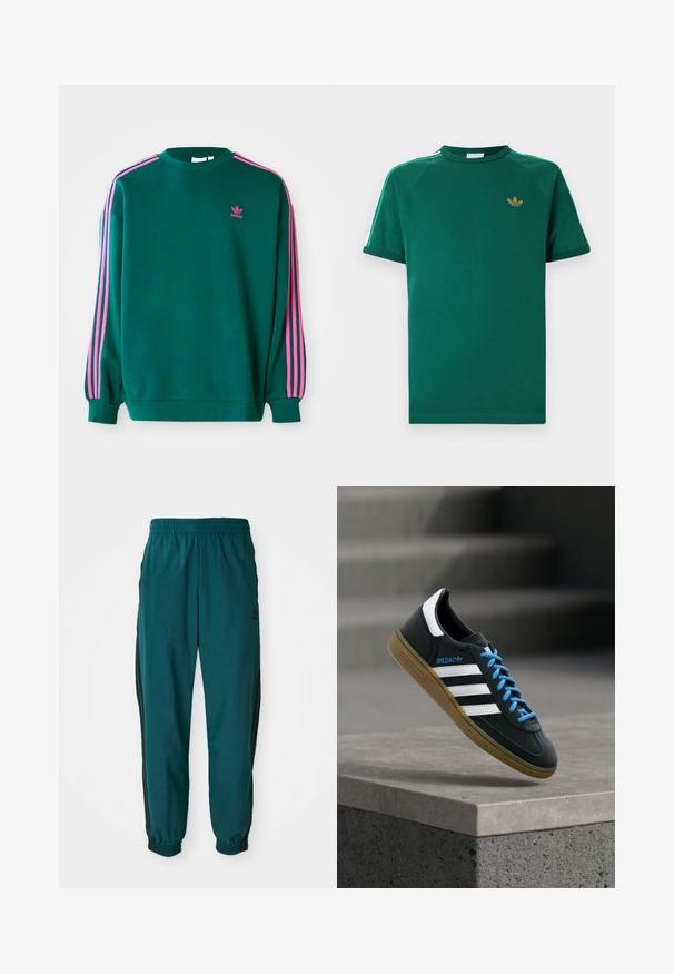 Grøn sweatshirt med lange ærmer, rund hals, pink tre-stribede detaljer på skuldrene og lille pink logo på brystet. Blødt stof.; Grøn Adidas t-shirt med korte ærmer og rund hals, guld trefoil-logo på brystet og hvide striber med grønne kanter langs skuldrene.; Teal sportsbukser med snoretræk i taljen, elastiske manchetter og sorte striber på siden. Lavet af letvægtsstof med et logo nær hoften.; Sort Adidas sneaker med hvide striber, blå snørebånd og gummisål, der svæver over gråt betontrin i blødt lys.