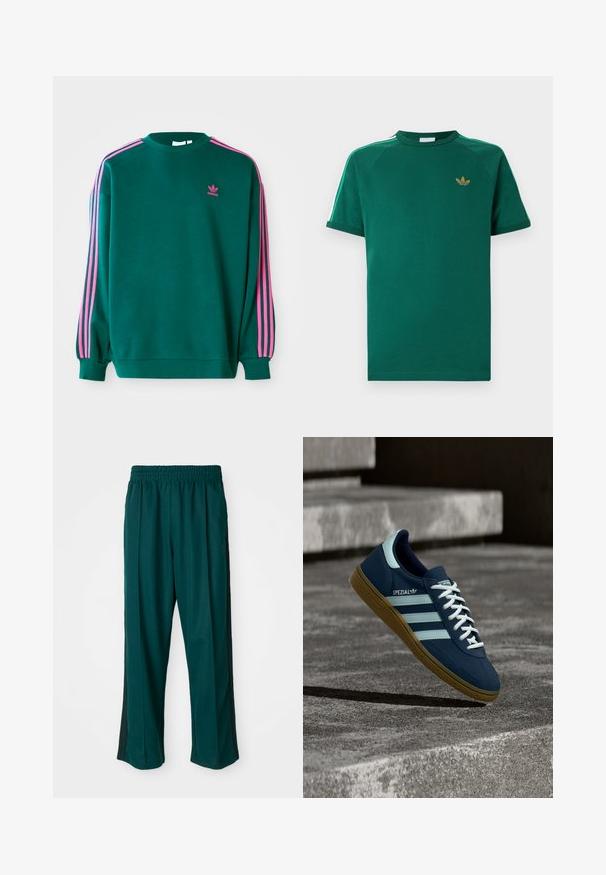 Roheline dressipluus pikade varrukatega, ümar kaelus, roosa kolme triibu aktsendid õlgadel ja väike roosa logo rinnal. Pehme kanga tekstuur.; Roheline lühikeste varrukatega Adidas t-särk ümara kaelusega, kullakarva kolmelehelise logoga rinnal ja valgete triipudega roheliste servadega õlgadel.; Tumed rohelised spordipüksid elastse vöökohaga, sirge jala kujundusega ja mustade külgtriipudega. Valmistatud pehmest, venivast kangast.; Sinine Adidas Spezial tennisk, valgete triipude ja paeltega, kummist tallaga, hõljub kareda betoonpinna ja sammude kohal taustal.