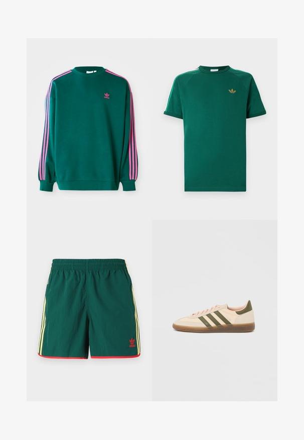 Πράσινο sweatshirt με μακριά μανίκια, στρογγυλή λαιμόκοψη, ροζ τρεις-γραμμές λεπτομέρειες στους ώμους και μικρό ροζ λογότυπο στο στήθος. Μαλακή υφή υφάσματος.; Πράσινο κοντομάνικο T-shirt Adidas με στρογγυλή λαιμόκοψη, χρυσό λογότυπο trefoil στο στήθος και άσπρες ρίγες με πράσινα περιθώρια στους ώμους.; Πράσινα αθλητικά σορτς με ελαφριά υφή, διαθέτουν κίτρινες πλευρικές ρίγες και κόκκινες λεπτομέρειες στο στρίφωμα, με ένα μικρό κόκκινο λογότυπο.; Χαμηλού προφίλ μπεζ αθλητικό παπούτσι Adidas Spezial με πράσινες ρίγες, σόλα από καουτσούκ και την επωνυμία "SPEZIAL" στην πλευρά, εμφανίζεται από την εξωτερική πλευρά.
