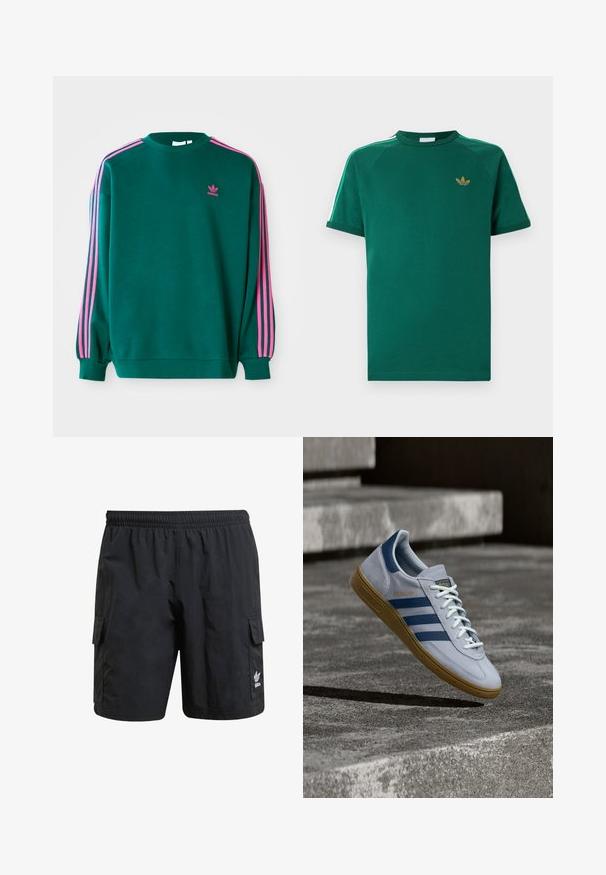Sudadera verde con mangas largas, cuello redondo, acentos en tres franjas rosas en los hombros y pequeño logo rosa en el pecho. Textura de tela suave.; Camiseta verde de manga corta Adidas con cuello redondo, logo dorado en forma de trébol en el pecho y franjas blancas con bordes verdes a lo largo de los hombros.; Pantalones cortos de carga negros con cintura elástica, dos bolsillos laterales y un logo en la parte inferior de la pierna. Hechos de una tela ligera con una textura suave.; Zapatilla Adidas Spezial azul claro con rayas azul marino y suela de goma, mostrada en el aire sobre escalones de hormigón en un entorno exterior neutral.