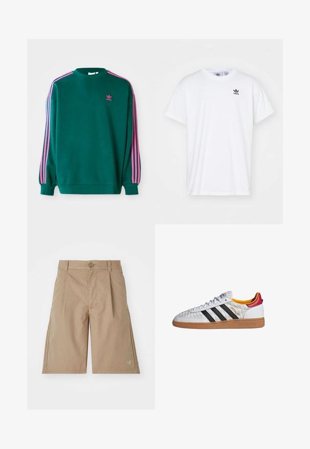 Sudadera verde con mangas largas, cuello redondo, acentos en tres franjas rosas en los hombros y pequeño logo rosa en el pecho. Textura de tela suave.; Camiseta blanca de algodón con mangas cortas, escote redondo y un logo negro de Adidas con tres franjas en la zona del lado izquierdo del pecho.; Bermudas de algodón beige con corte recto, pliegues frontales y cierre de botón único. Presentan un sutil logo en la parte inferior izquierda.; Zapatilla Adidas Spezial blanca con rayas negras, suela de goma, patrón acolchado, lengüeta roja en el talón y forro interior amarillo, vista lateral.