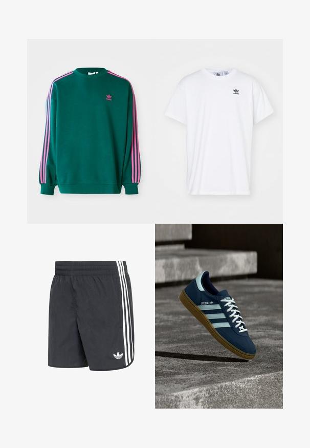 Sweat-shirt vert avec des manches longues, col rond, accents roses à trois bandes sur les épaules, et petit logo rose sur la poitrine. Texture de tissu douce.; T-shirt en coton blanc à manches courtes, col rond, et un logo Adidas noir avec trois bandes sur la zone gauche de la poitrine.; Shorts de sport noirs en tissu texturé, avec trois bandes blanches sur les côtés et un petit logo blanc près de l'ourlet.; Baskets Adidas Spezial bleues avec des rayures et des lacets blancs, semelle en gomme, flottant au-dessus d'une surface en béton rugueuse et des marches en arrière-plan.