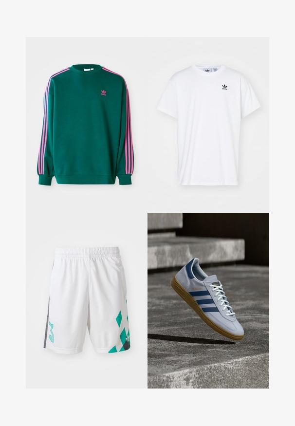 Sudadera verde con mangas largas, cuello redondo, acentos en tres franjas rosas en los hombros y pequeño logo rosa en el pecho. Textura de tela suave.; Camiseta blanca de algodón con mangas cortas, escote redondo y un logo negro de Adidas con tres franjas en la zona del lado izquierdo del pecho.; Shorts deportivos blancos con cintura elástica, que presentan un patrón geométrico en color azul verdoso y detalles en negro en los laterales. Incluye el número "3" grande.; Zapatilla Adidas Spezial azul claro con rayas azul marino y suela de goma, mostrada en el aire sobre escalones de hormigón en un entorno exterior neutral.