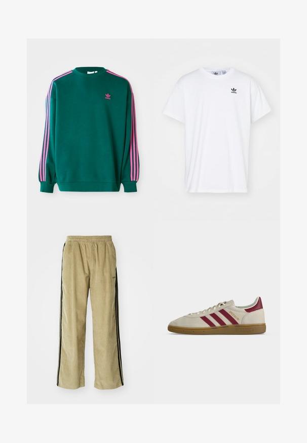 Sudadera verde con mangas largas, cuello redondo, acentos en tres franjas rosas en los hombros y pequeño logo rosa en el pecho. Textura de tela suave.; Camiseta blanca de algodón con mangas cortas, escote redondo y un logo negro de Adidas con tres franjas en la zona del lado izquierdo del pecho.; Pantalones de pana beige con cintura elástica, con franjas laterales negras. La tela tiene una textura acanalada y es ligeramente acampanada en el fondo.; Zapatilla beige Adidas Spezial con tres franjas burdeos, lengüeta trasera burdeos, suela de goma y texto dorado "Spezial" en el lateral.