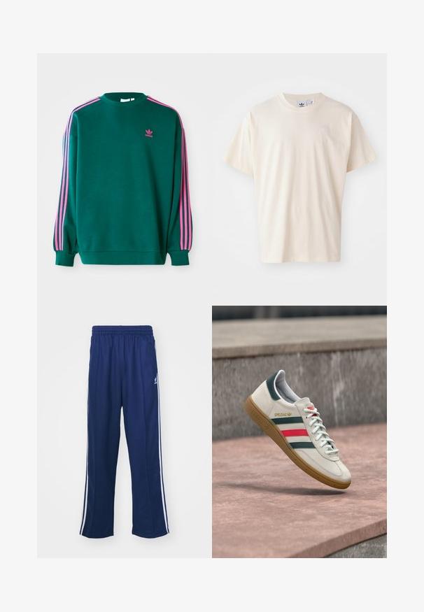 Groene sweatshirt met lange mouwen, ronde hals, roze drievoudige strepen accenten op de schouders en een klein roze logo op de borst. Zachte stoftextuur.; Crème katoenen t-shirt met een ronde halslijn en korte mouwen; heeft een klein, lichtgekleurde logo op de borst.; Marineblauwe sportbroek met een ontspannen pasvorm, voorzien van witte zijstrepen en een elastische tailleband. Soepele stof, geen zichtbare patronen of hardware.; Witte Adidas sneaker met groene en rode strepen, rubberen zool en "SPEZIAL" branding die boven een stenen bestrating zweeft.