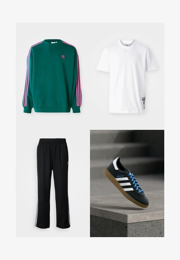 Grüner Sweatshirt mit langen Ärmeln, Rundhalsausschnitt, rosa drei Streifen Akzenten an den Schultern und kleinem rosa Logo auf der Brust. Weiche Stoffstruktur.; Weißes Baumwoll-T-Shirt mit kurzen Ärmeln, Rundhalsausschnitt und einem schwarzen Adidas-Logo-Patch auf der unteren linken Seite. Glatte Textur.; Schwarze Sporthosen mit elastischem Bund, ausgestattet mit weißen Seitenstreifen und einem kleinen Logo. Das Material wirkt weich und leicht.; Schwarzer Adidas-Sneaker mit weißen Streifen, blauen Schnürsenkeln und Gummisohle, der über einer grauen Betontreppe im weichen Licht schwebt.