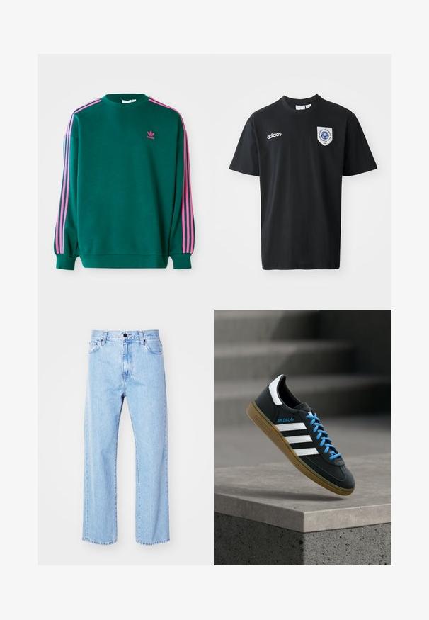 Sweat-shirt vert avec des manches longues, col rond, accents roses à trois bandes sur les épaules, et petit logo rose sur la poitrine. Texture de tissu douce.; T-shirt noir à manches courtes en coton, avec un col rond. Inclut le logo blanc d'Adidas et un écusson avec un emblème bleu sur la poitrine gauche.; Jean denim bleu clair avec un design à jambe droite, taille haute, style à cinq poches et une fermeture classique à bouton et zip.; Baskets Adidas noires avec des rayures blanches, des lacets bleus et une semelle en gomme flottant au-dessus d'une marche en béton grise sous une lumière douce.