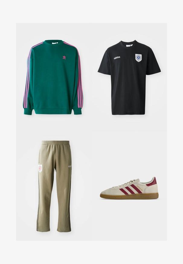 Groene sweatshirt met lange mouwen, ronde hals, roze drievoudige strepen accenten op de schouders en een klein roze logo op de borst. Zachte stoftextuur.; Zwart T-shirt met korte mouwen van katoen, met een ronde hals. Inclusief wit Adidas-logo en een patch met een blauw embleem op de linkerborst.; Olijfgroene sweatpants met een elastische tailleband, zijzakken, zwarte zijstreepjes en een logo-patch op de dij.; Beige Adidas Spezial sneaker met drie kastanjebruine strepen, kastanjebruine hieltab, gumzool en gouden "Spezial"-tekst aan de zijkant.