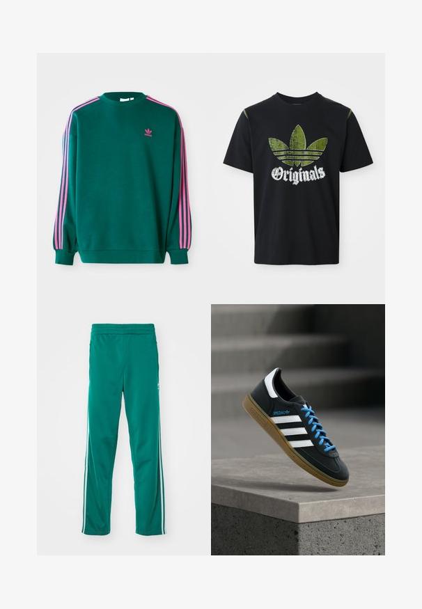 Groene sweatshirt met lange mouwen, ronde hals, roze drievoudige strepen accenten op de schouders en een klein roze logo op de borst. Zachte stoftextuur.; Zwarte katoenen t-shirt met een versleten groene grafiek met drie strepen en het woord "Originals" hieronder in het wit, ronde halslijn, korte mouwen.; Groene trainingsbroek met een gladde textuur, voorzien van een witte zijstreep en een elastische tailleband. Rechtonder ontwerp.; Zwarte Adidas-sneaker met witte strepen, blauwe veters en een gumzool die boven een grijze betonnen trede zweeft in zacht licht.