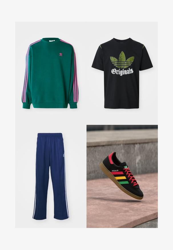 Grüner Sweatshirt mit langen Ärmeln, Rundhalsausschnitt, rosa drei Streifen Akzenten an den Schultern und kleinem rosa Logo auf der Brust. Weiche Stoffstruktur.; Schwarzes Baumwoll-T-Shirt mit einem abgenutzten grünen Grafikdesign, das drei Streifen zeigt, sowie dem Wort "Originals" darunter in Weiß. Rundhalsausschnitt, kurze Ärmel.; Marineblaue Sporthosen mit einem lockeren Schnitt, ausgestattet mit weißen seitlichen Streifen und einem elastischen Bund. Glattes Material, keine sichtbaren Muster oder Beschläge.; Schwarzer Adidas Spezial Sneaker mit roten, gelben und grünen Streifen, roten Schnürsenkeln, Gummisohle und rotem Fersen-Detail, schwebend über dem Pflaster gezeigt.