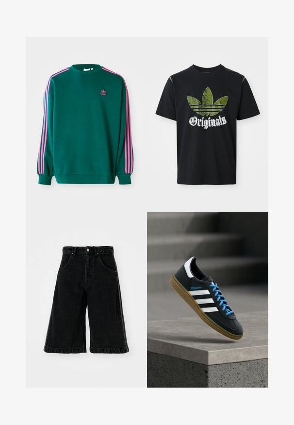 Sudadera verde con mangas largas, cuello redondo, acentos en tres franjas rosas en los hombros y pequeño logo rosa en el pecho. Textura de tela suave.; Camiseta de algodón negra con un gráfico verde desgastado que presenta tres rayas y la palabra "Originales" debajo en blanco, cuello redondo, mangas cortas.; Pantalones cortos de mezclilla negros con un diseño de pierna ancha, que cuentan con una cintura alta, pasadores para cinturón y bolsillos delanteros. Detalles de costura y herrajes minimalistas.; Zapatilla negra Adidas con franjas blancas, cordones azules y suela de goma flotando sobre un escalón de hormigón gris con luz suave.